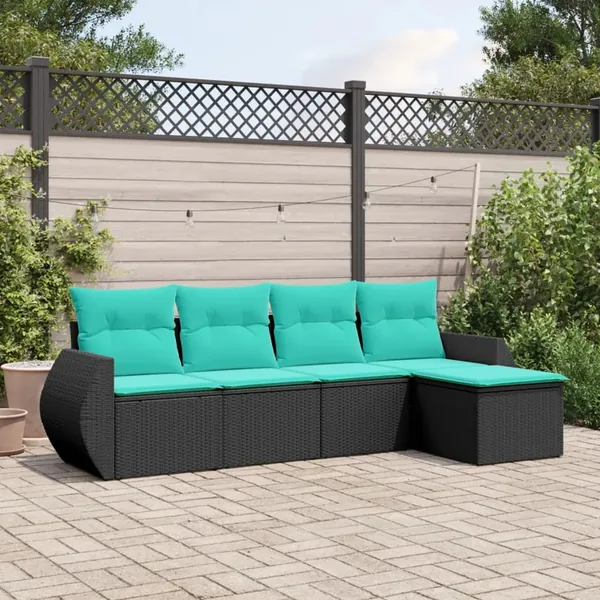 Salon de jardin 5 pcs avec coussins noir résine tressée