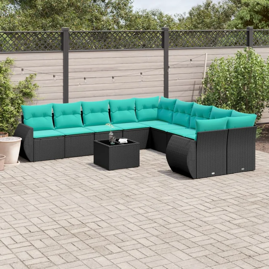 Ensemble de canapé de jardin 11 pcs avec coussins noir résine tressée