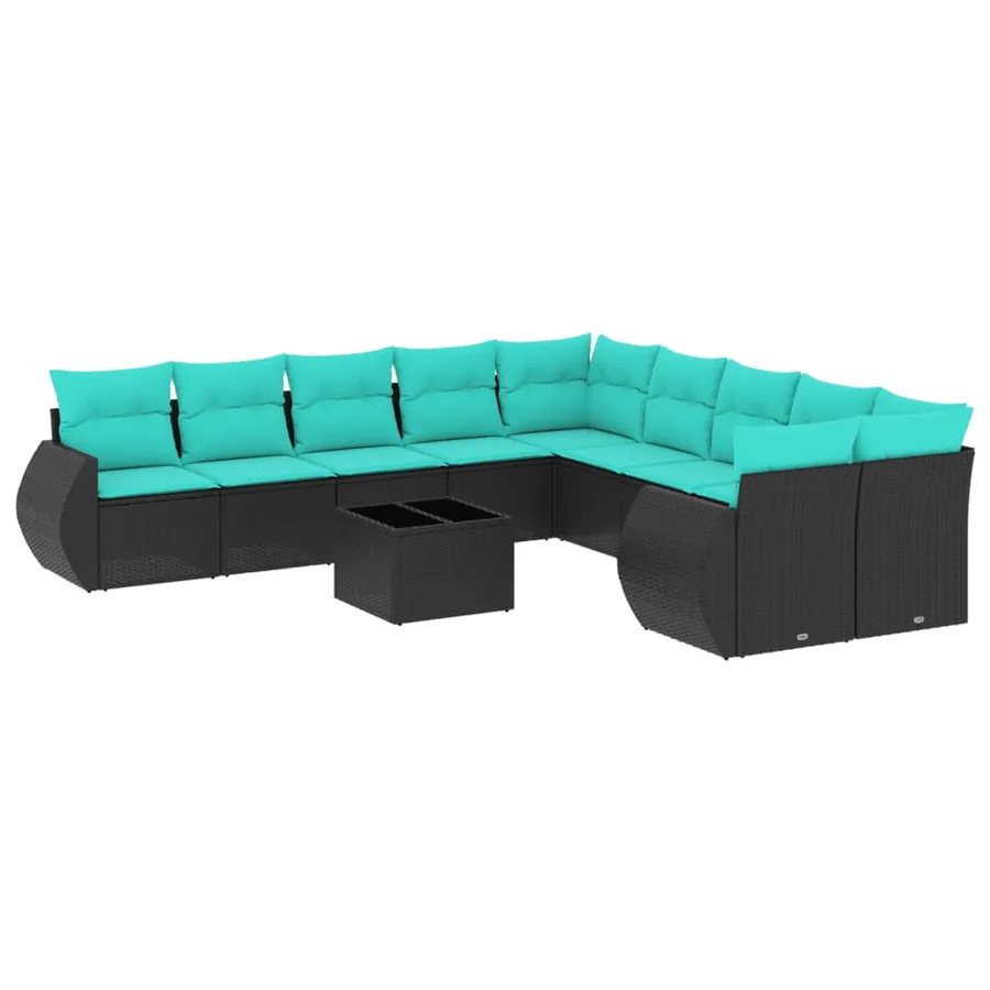 Ensemble de canapé de jardin 11 pcs avec coussins noir résine tressée - 2