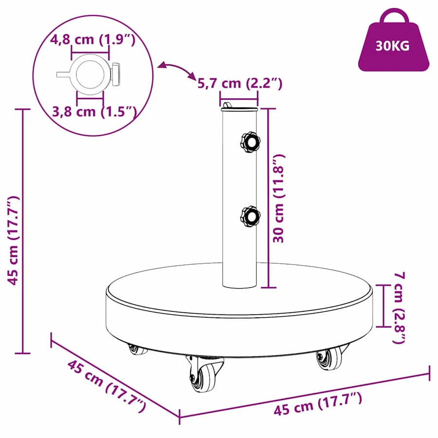 Pied de parasol 29,8kg Gris Granite et Acier Inoxydable Rond - 13