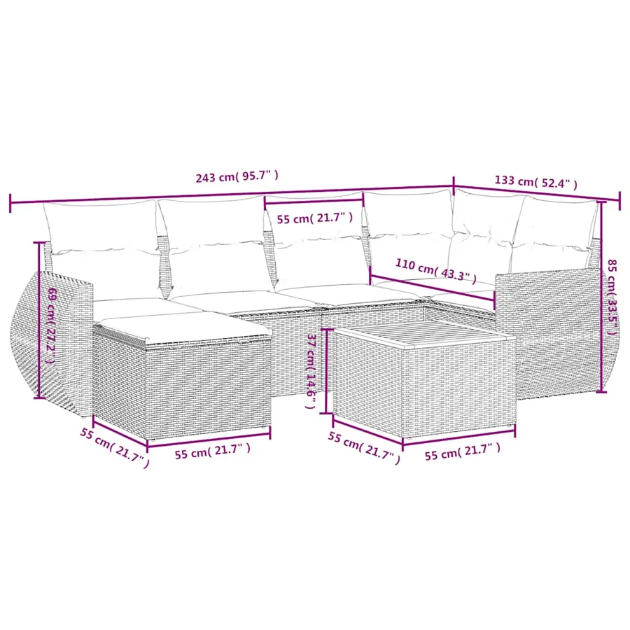 Ensemble de canapé de jardin 7 pcs avec coussins noir résine tressée - 9