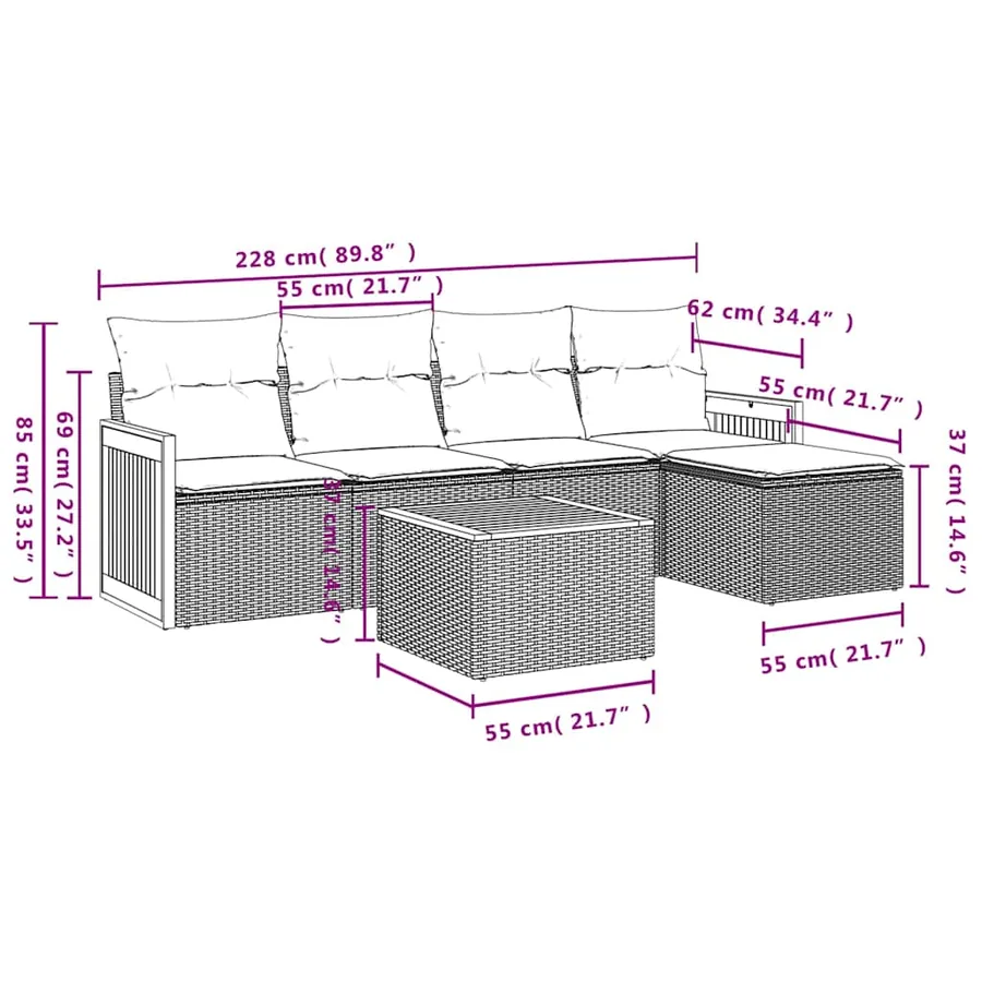 Ensemble de canapé de jardin 6 pcs avec coussins noir résine tressée - 8