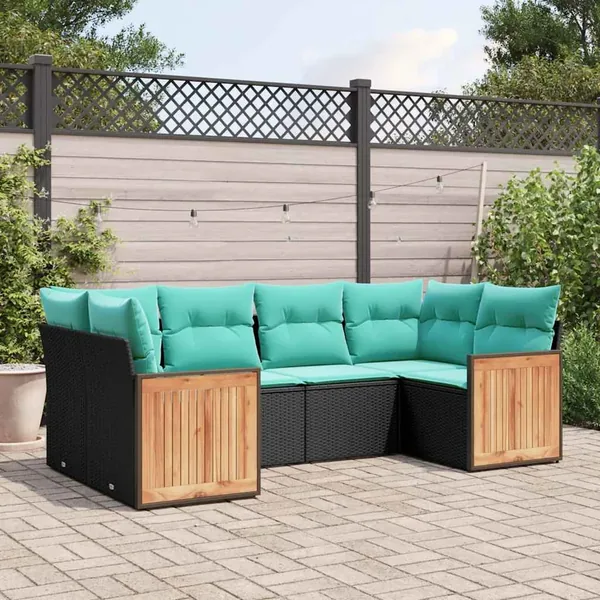 Salon de jardin 6 pcs avec coussins noir résine tressée