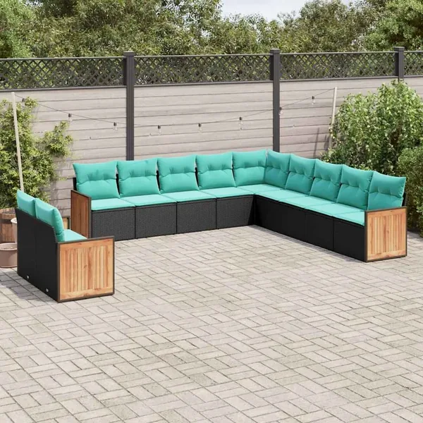Salon de jardin 11 pcs avec coussins noir résine tressée
