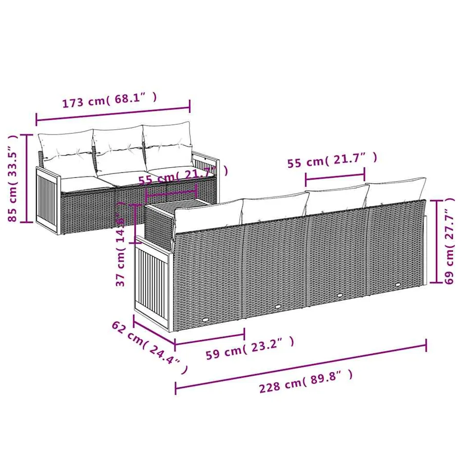 Ensemble de canapé de jardin 8 pcs avec coussins noir résine tressée - 7