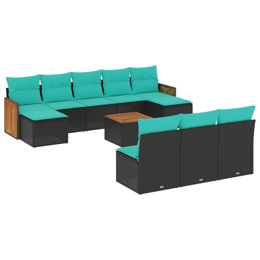 Ensemble de canapé de jardin 11 pcs avec coussins noir résine tressée - 2