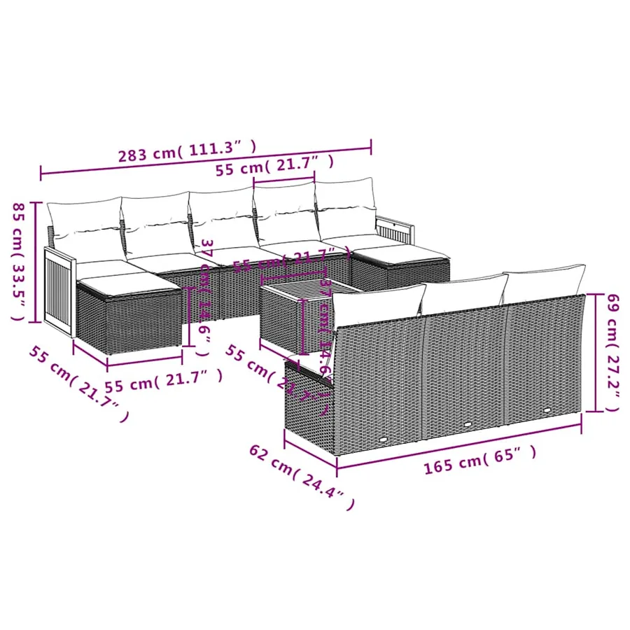 Ensemble de canapé de jardin 11 pcs avec coussins noir résine tressée - 8