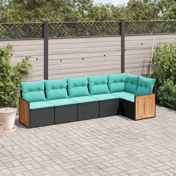 Salon de jardin 6 pcs avec coussins noir résine tressée