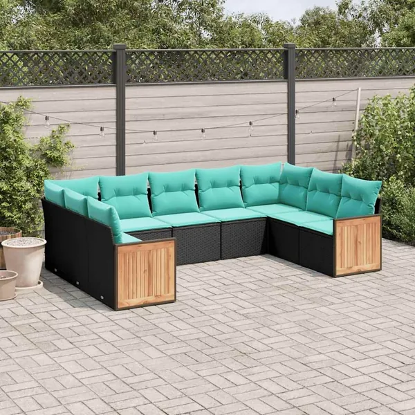 Salon de jardin 9 pcs avec coussins noir résine tressée