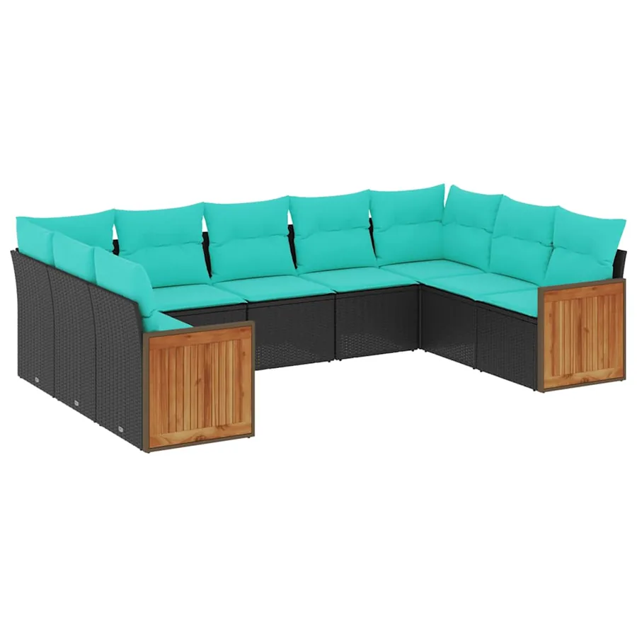 Salon de jardin 9 pcs avec coussins noir résine tressée - 2