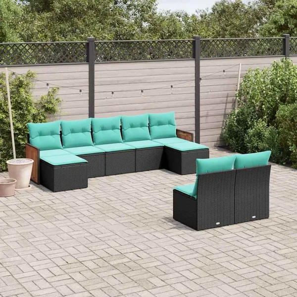 Salon de jardin 9 pcs avec coussins noir résine tressée