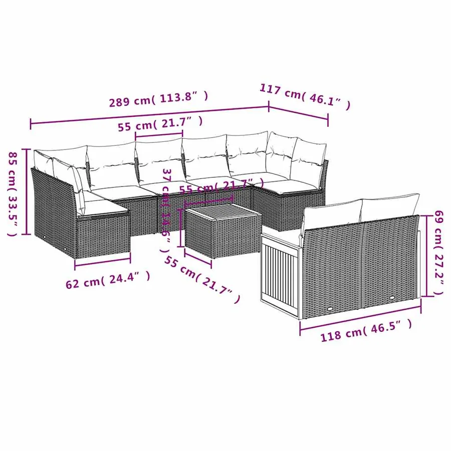 Ensemble de canapé de jardin 10 pcs avec coussins noir résine tressée - 8