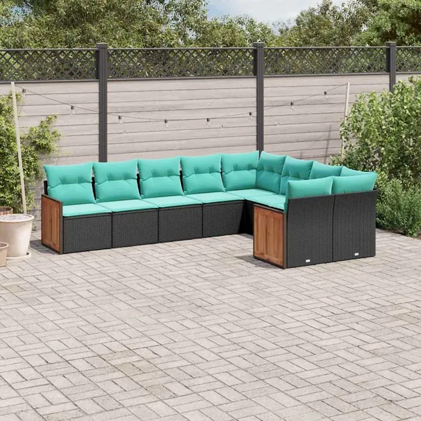 Salon de jardin 9 pcs avec coussins noir résine tressée