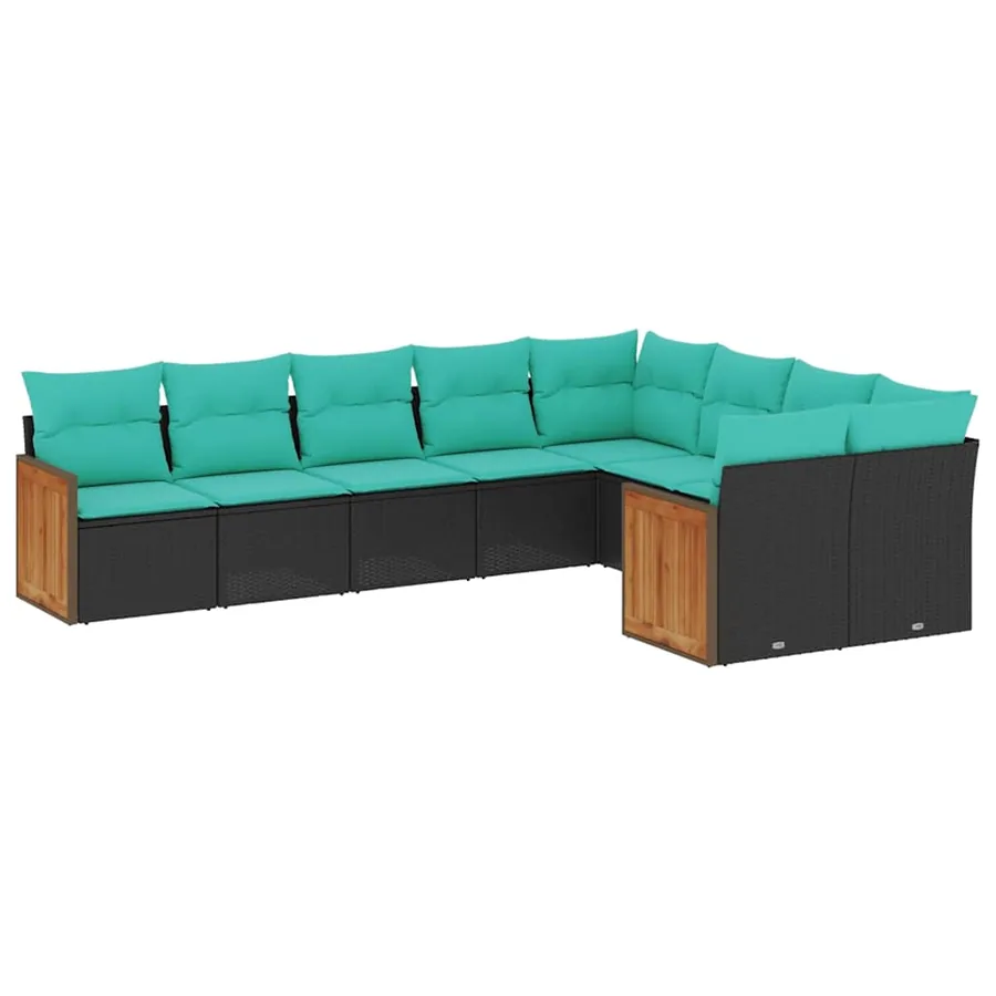 Salon de jardin 9 pcs avec coussins noir résine tressée - 2