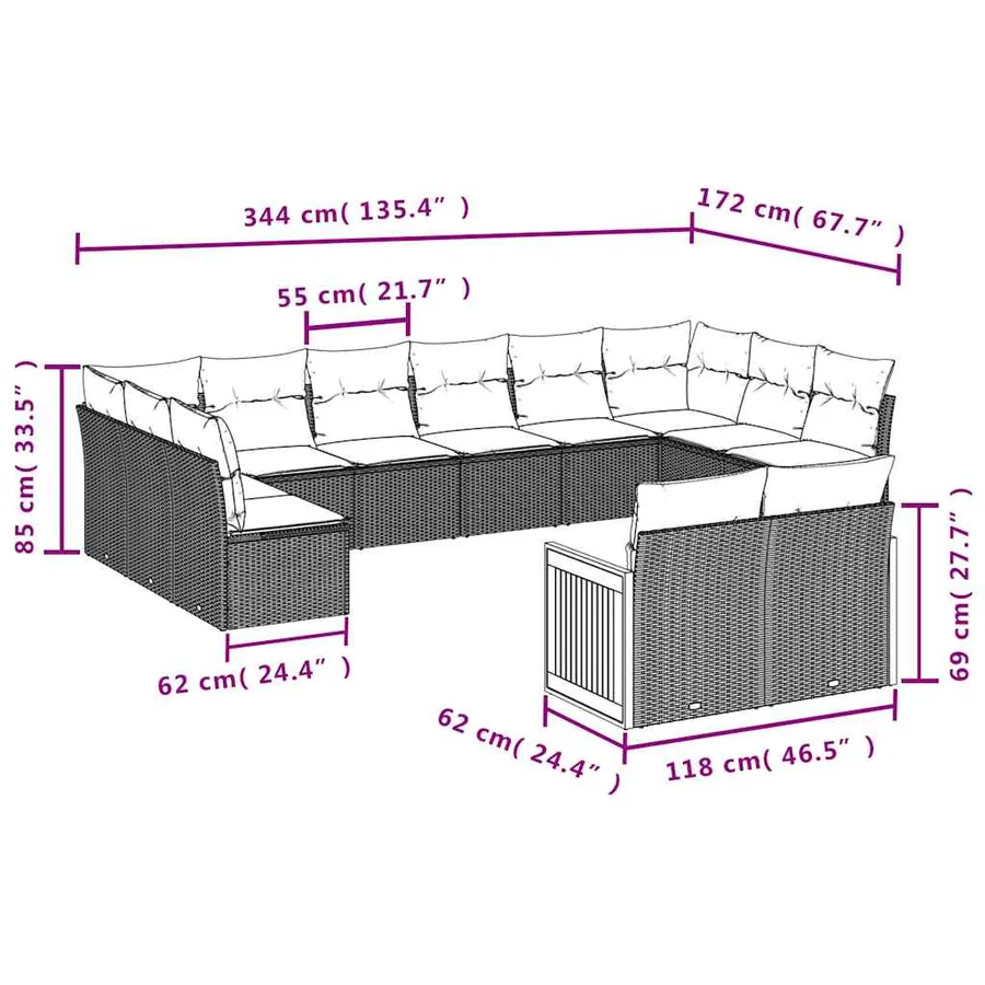 Salon de jardin avec coussins 12 pcs noir résine tressée - 7