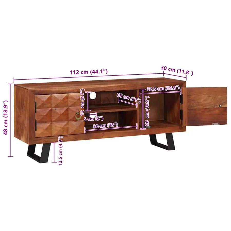 Meuble TV marron miel 112 x 30 x 48 cm Bois d'acacia massif - 13