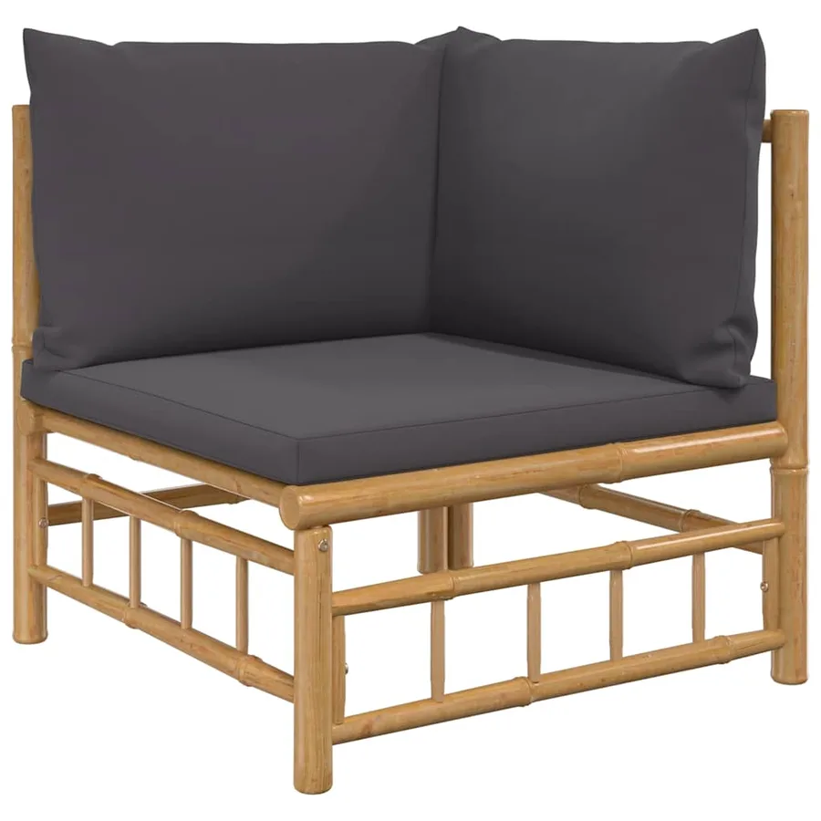 Canapé d'angle de jardin avec coussins gris foncé bambou - 2