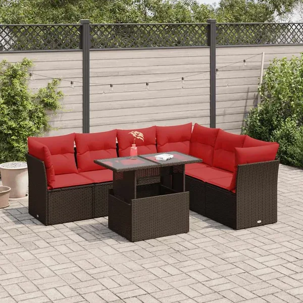 Salon de jardin avec coussins 7 pcs marron résine tressée acacia