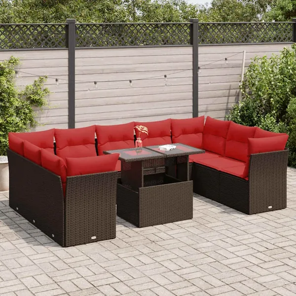 Salon de jardin 10 pcs et coussins marron résine tressée acacia