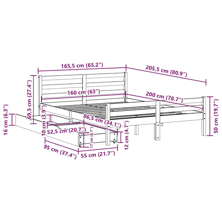 Cadre de lit sans matelas 160x200 cm bois massif de pin - 11