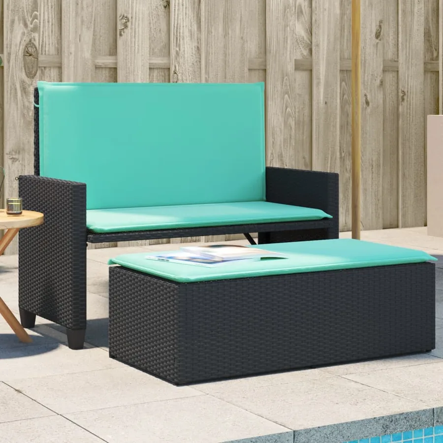 Banc de jardin avec coussins et repose-pieds noir résine tressée