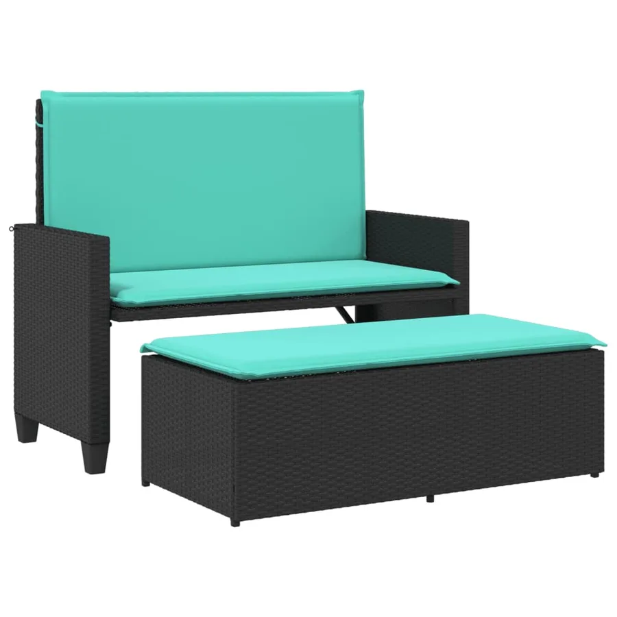 Banc de jardin avec coussins et repose-pieds noir résine tressée - 2
