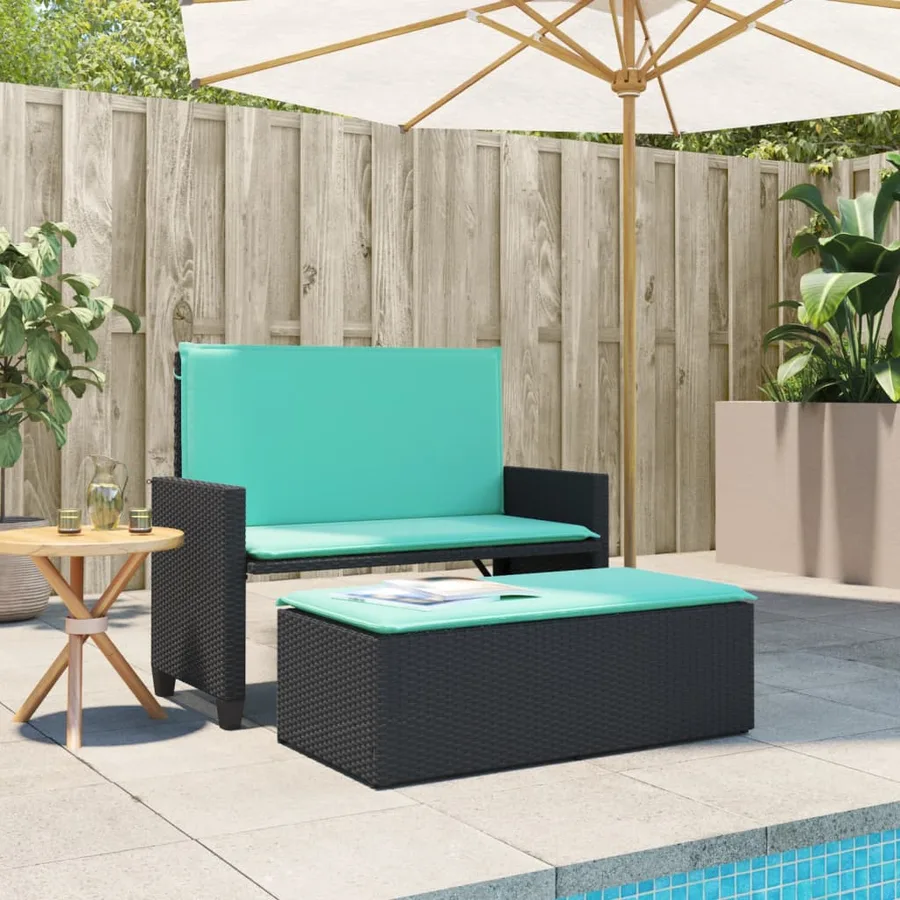 Banc de jardin avec coussins et repose-pieds noir résine tressée - 3