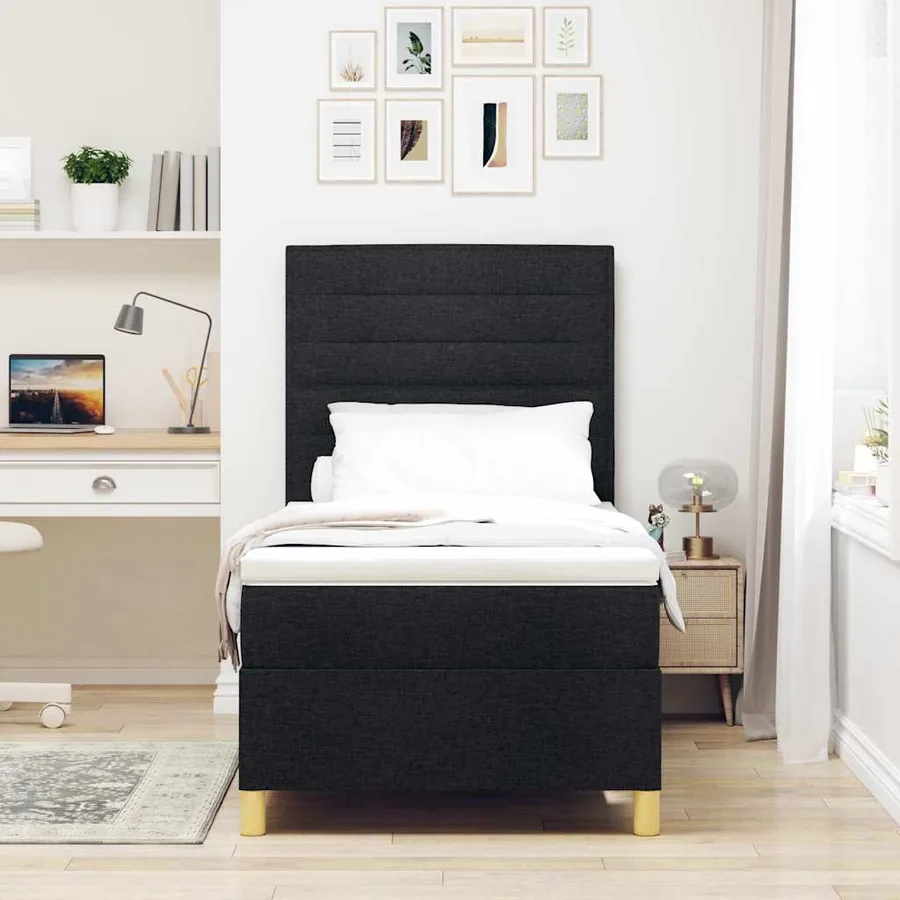 Lit à ressorts avec matelas Noir 100 x 200 cm tissu - 3