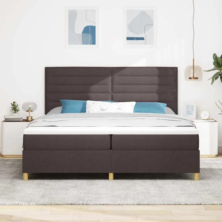 Lit à ressort LED avec matelas Marron foncé 200 x 200 cm tissu - 4
