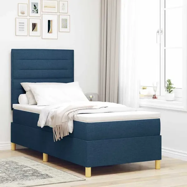 Lit à ressorts avec matelas Bleu 90 x 200 cm tissu