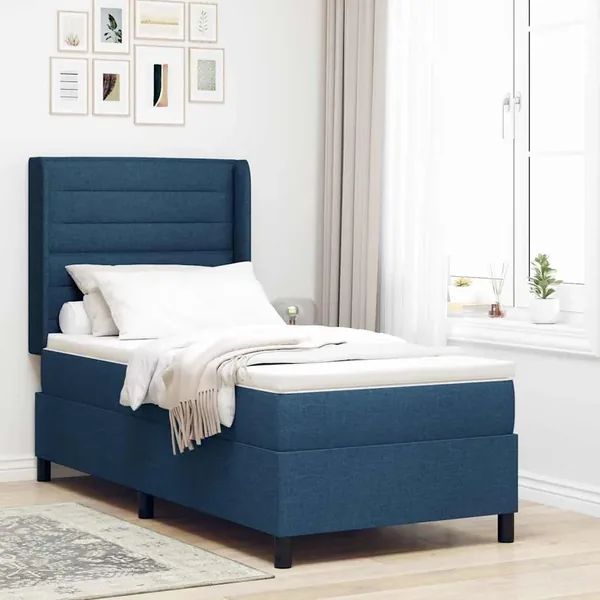 Lit à ressort LED avec matelas Bleu 90 x 190 cm tissu