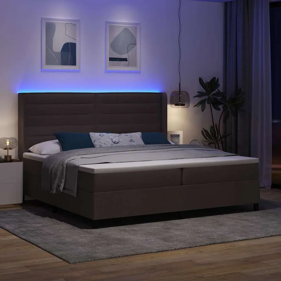 Lit à ressort LED avec matelas Marron foncé 200 x 200 cm tissu - 5