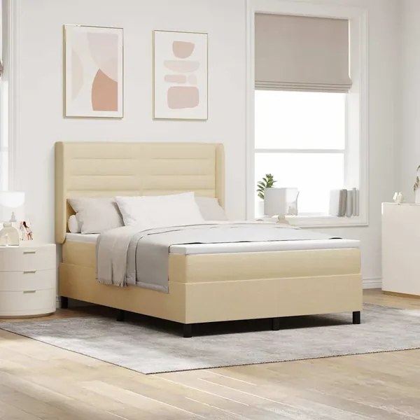 Lit à ressort LED avec matelas Crème 140 x 200 cm tissu