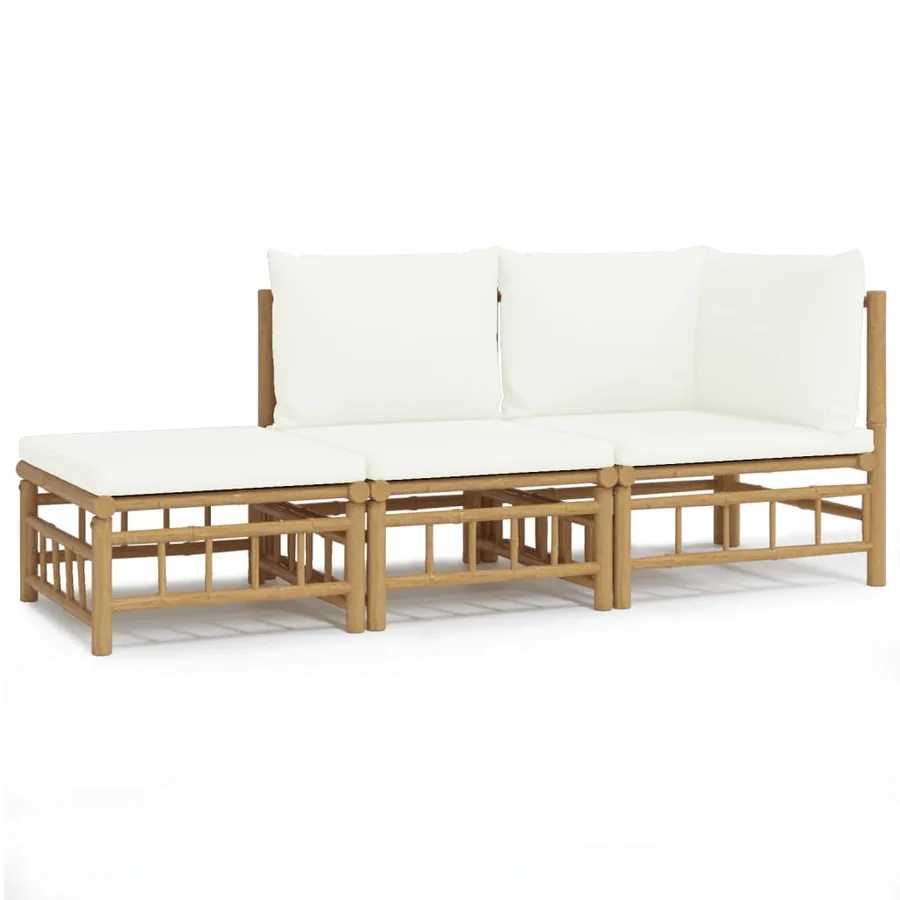 Salon de jardin 3 pcs avec coussins blanc crème bambou - 2