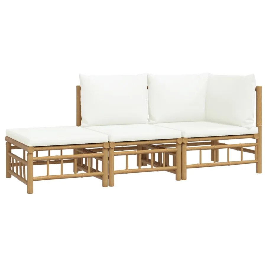Salon de jardin 3 pcs avec coussins blanc crème bambou - 3