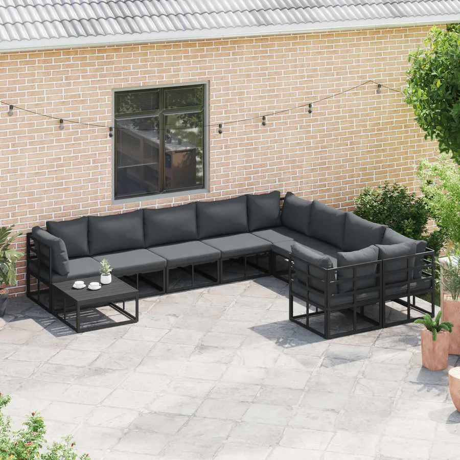 Ensemble de canapé de jardin avec coussin 10 pcs Noir Aluminium - 5