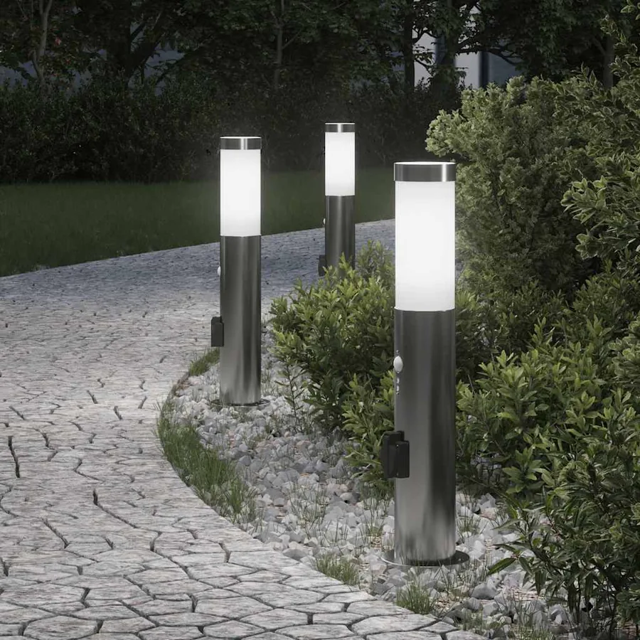 Bornes lumineuses avec détecteur et prise lot de 3 50 cm acier inoxydable IP44