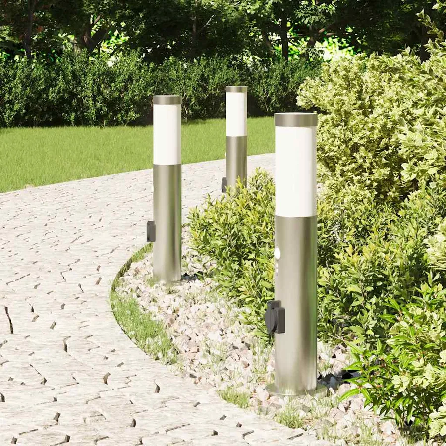 Bornes lumineuses avec détecteur et prise lot de 3 50 cm acier inoxydable IP44 - 3