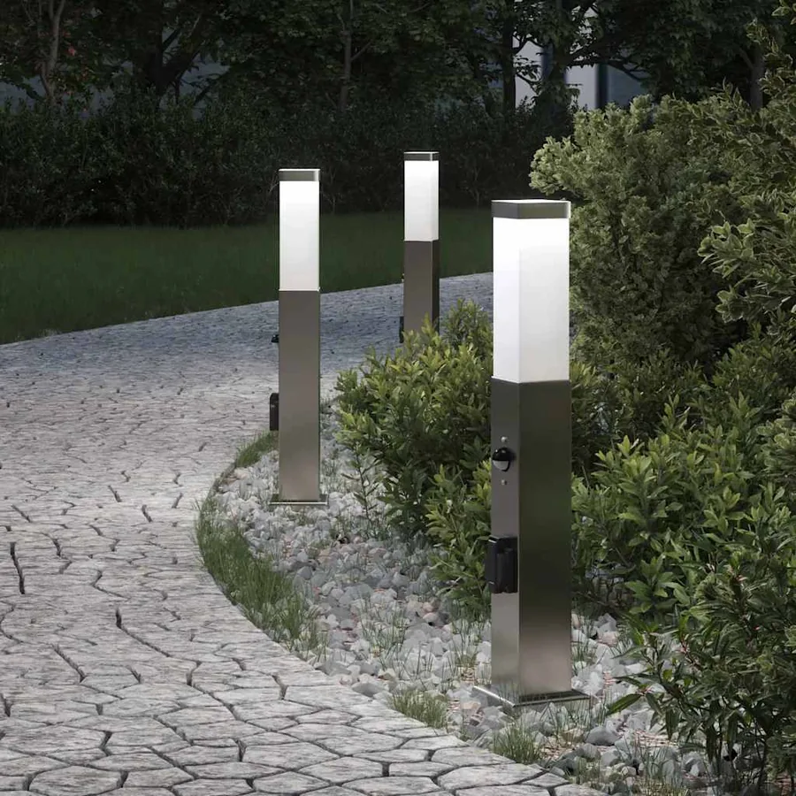 Bornes lumineuses avec détecteur et prise lot de 3 50 cm acier inoxydable IP44