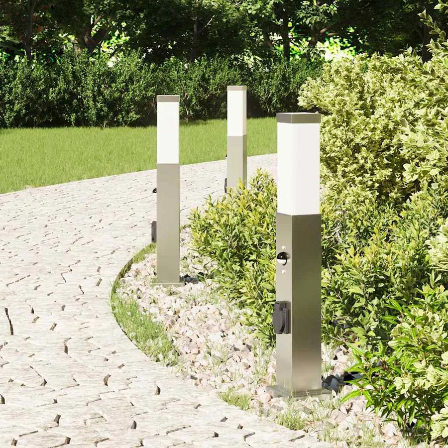 Bornes lumineuses avec détecteur et prise lot de 3 50 cm acier inoxydable IP44 - 3