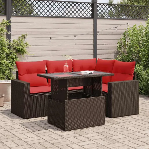Salon de jardin avec coussins 5pcs marron résine tressée acacia