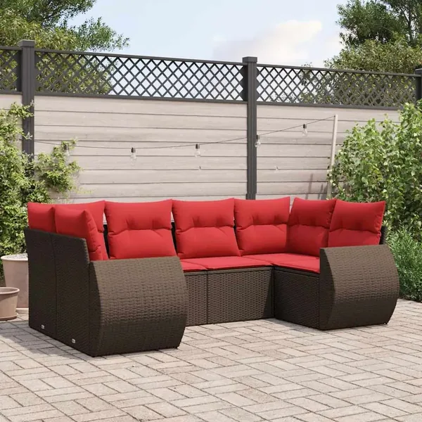 Ensemble de canapé de jardin 6 pcs avec coussins marron résine tressée