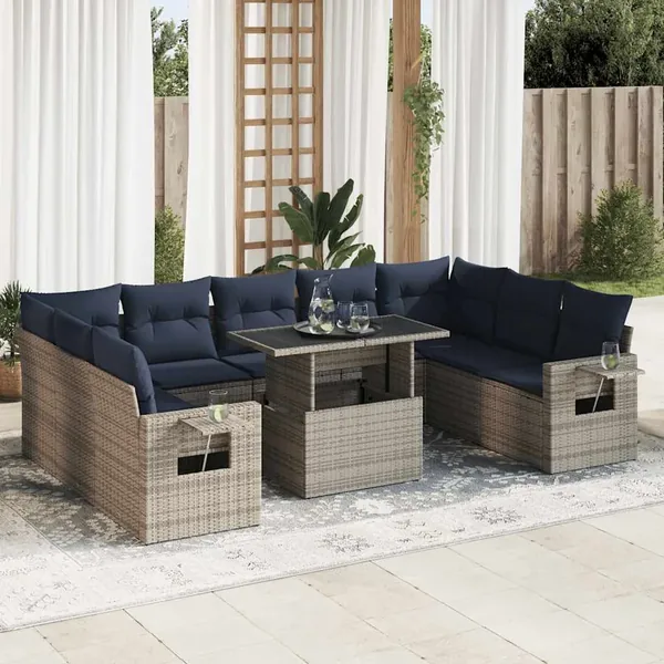 Salon de jardin avec coussins 10 pcs gris résine tressée acacia