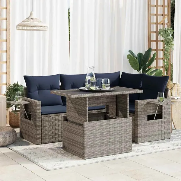 Salon de jardin 5 pcs avec coussins gris résine tressée acacia