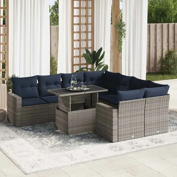 Salon de jardin avec coussins 9 pcs gris résine tressée acacia