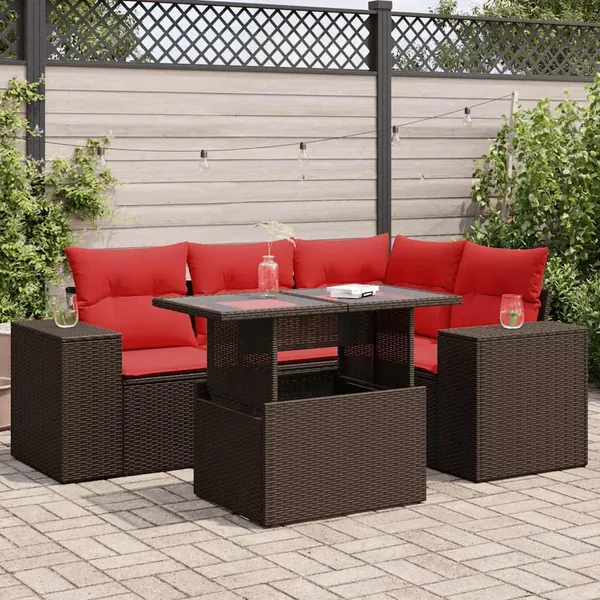 Salon de jardin avec coussins 5pcs marron résine tressée acacia