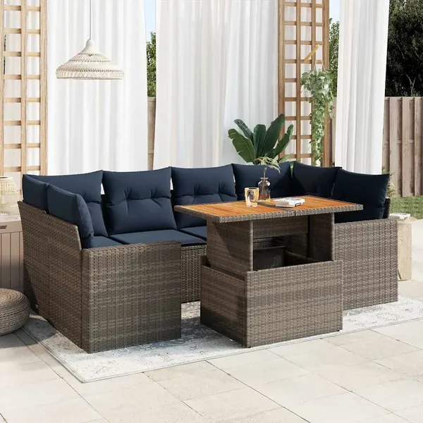 Salon de jardin avec coussins 7 pcs gris résine tressée