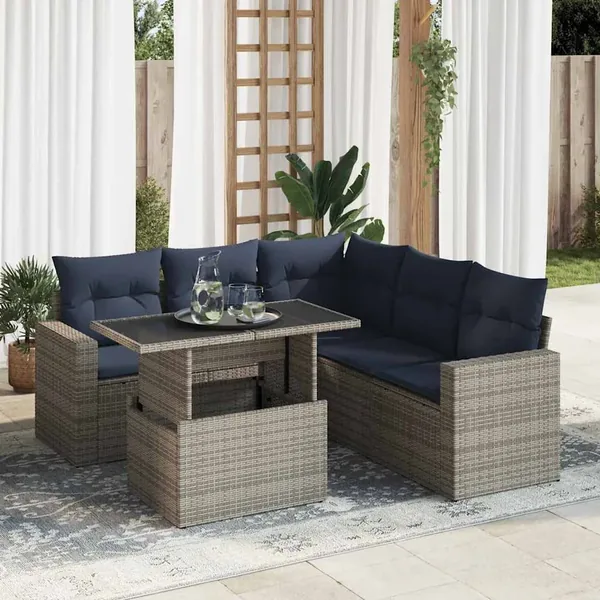 Salon de jardin avec coussins 6 pcs gris résine tressée acacia