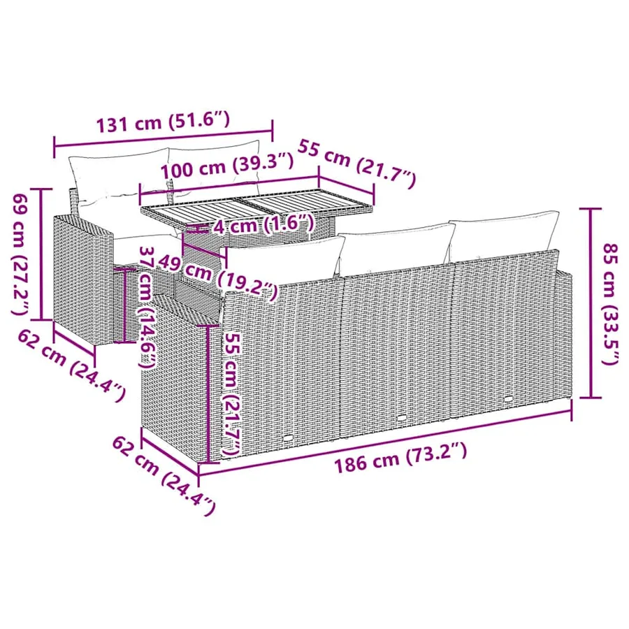 Salon de jardin 6 pcs avec coussins gris résine tressée - 11