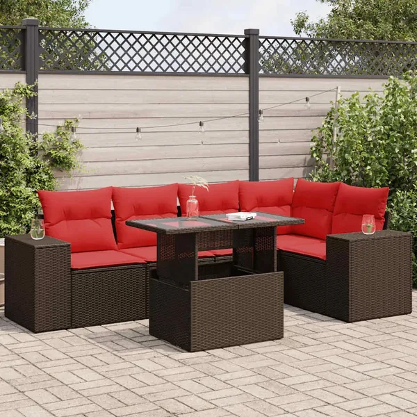 Salon de jardin avec coussins 6pcs marron résine tressée acacia